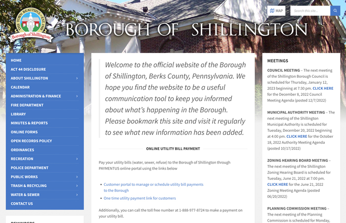 Screen shot of The Borough of Shillington Website